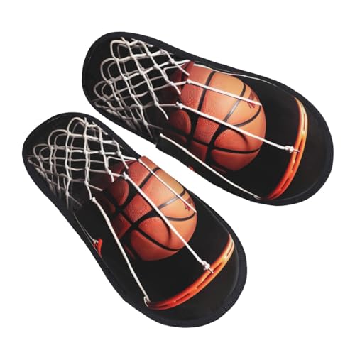 BONDIJ Hausschuhe mit Basketball-Aufdruck, weiche Plüsch-Hausschuhe, warme Slip-On-Slides, gemütliche Hausschuhe für drinnen und draußen, Schwarz , Einheitsgröße von BONDIJ