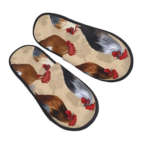BONDIJ Hausschuhe mit Hahn und Huhn-Druck, weicher Plüsch, warme Slip-On-Slides gemütliche Hausschuhe für drinnen und draußen, Schwarz , Einheitsgröße von BONDIJ