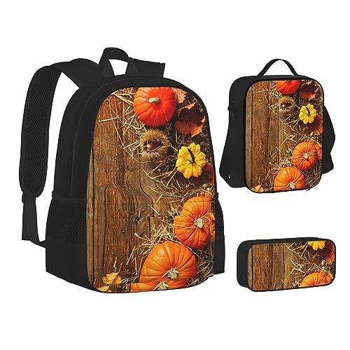 BONDIJ Herbst Blätter Holz Rucksäcke für die Schule mit Lunchbox Federmappe, wasserabweisende Tasche für Jungen Mädchen Lehrer Geschenke, Herbsternte, Einheitsgröße von BONDIJ