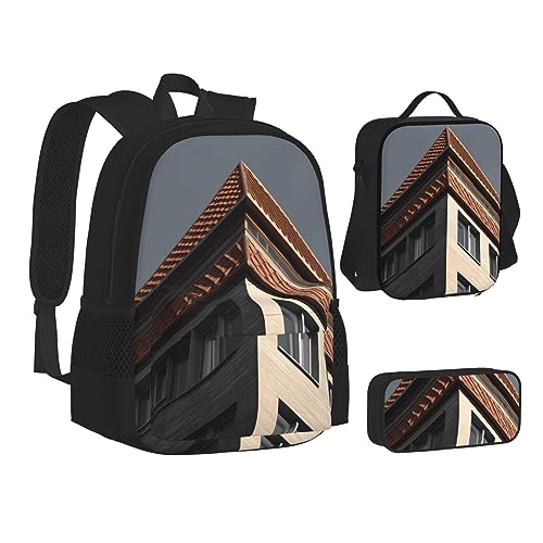 BONDIJ Herbst-Camouflage-Rucksäcke für die Schule mit Lunchbox, Federmäppchen, wasserabweisende Tasche für Jungen und Mädchen, Lehrergeschenke, Architektur Dach, Einheitsgröße von BONDIJ