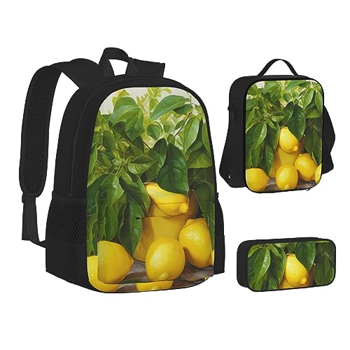 BONDIJ Herbst-Camouflage-Rucksäcke für die Schule mit Lunchbox, Federmäppchen, wasserabweisende Tasche für Jungen und Mädchen, Lehrergeschenke, Gelbe Zitrone., Einheitsgröße von BONDIJ