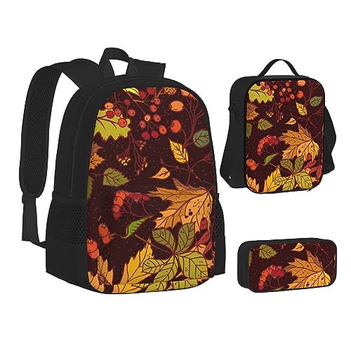 BONDIJ Herbst-Hintergrund mit Hunden, Rucksäcke für die Schule mit Lunchbox, Federmäppchen, wasserabweisende Tasche für Jungen und Mädchen, Lehrergeschenke, Herbst Blätter Eichelbeeren, Einheitsgröße von BONDIJ