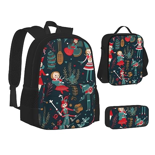 BONDIJ Lustige Weihnachtswichtel-Rucksäcke für die Schule mit Lunchbox, Federmäppchen, wasserabweisende Tasche für Jungen und Mädchen, Lehrer-Geschenke, Nussknacker Ballett Xmas Dance, Einheitsgröße von BONDIJ