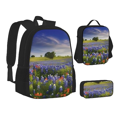 BONDIJ Lustige Weihnachtswichtel-Rucksäcke für die Schule mit Lunchbox, Federmäppchen, wasserabweisende Tasche für Jungen und Mädchen, Lehrer-Geschenke, Texas Bluebonnets Landschaft, Einheitsgröße von BONDIJ