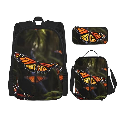 BONDIJ Mehrfarbiger Rucksack mit Blatt-Unkraut-Kunst, für die Schule, mit Lunchbox, Federmäppchen, wasserabweisend, Büchertasche für Jungen, Mädchen, Lehrer, Geschenke, Monarch-Schmetterlinge, von BONDIJ