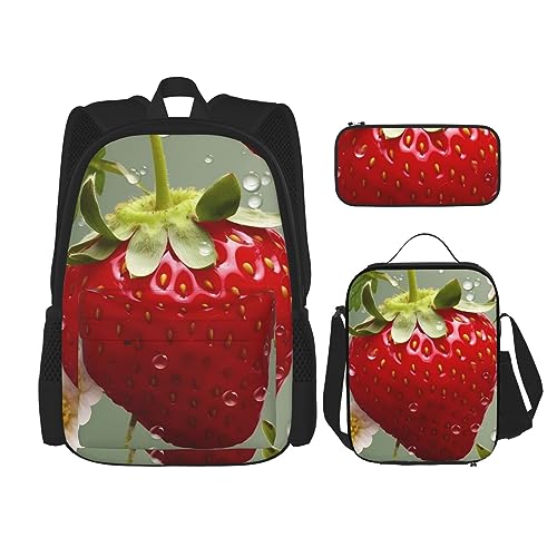 BONDIJ Mehrfarbiger Rucksack mit Blatt-Unkraut-Kunst, für die Schule, mit Lunchbox, Federmäppchen, wasserabweisend, Büchertasche für Jungen, Mädchen, Lehrer, Geschenke, Schöne Erdbeere, Einheitsgröße, von BONDIJ