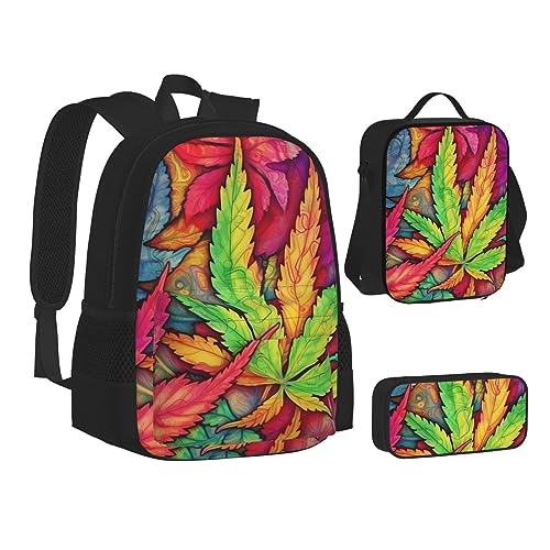 BONDIJ Mehrfarbiger Rucksack mit Blatt-Unkraut-Kunst, für die Schule, mit Lunchbox, Federmäppchen, wasserabweisende Tasche für Jungen, Mädchen, Lehrer, Geschenke, Mehrfarbige Blatt-Unkrautkunst, von BONDIJ