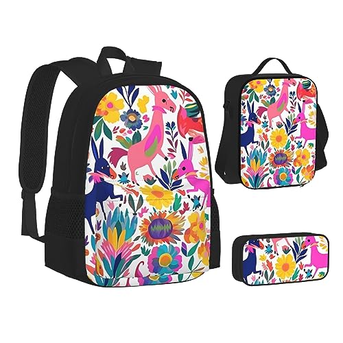 BONDIJ Mehrfarbiger Rucksack mit Blatt-Unkraut-Kunst, für die Schule, mit Lunchbox, Federmäppchen, wasserabweisende Tasche für Jungen, Mädchen, Lehrer, Geschenke, Mexikanische Otomi Tiere, von BONDIJ