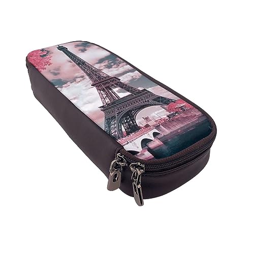 BONDIJ Ölgemälde Sonnenblume Gedruckt Leder Bleistift Beutel, Große Kapazität Stift Taschen Nette Bleistift Fall Kosmetik Organizer Tasche mit Reißverschluss, Eiffelturm mit rosa Landschaft, von BONDIJ