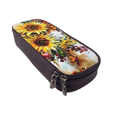 BONDIJ Ölgemälde Sonnenblume Gedruckt Leder Bleistift Beutel, Große Kapazität Stift Taschen Nette Bleistift Fall Kosmetik Organizer Tasche mit Reißverschluss, Ölgemälde Sonnenblume, Einheitsgröße, von BONDIJ