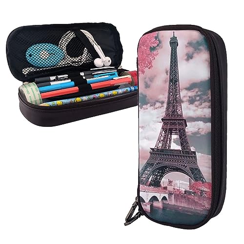 BONDIJ Ölgemälde Sonnenblume gedruckt Leder Bleistift Beutel, große Kapazität Stift Taschen niedlichen Bleistift Fall Kosmetik Organizer Tasche mit Reißverschluss, Eiffelturm mit rosa Landschaft, von BONDIJ