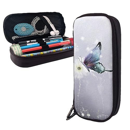 BONDIJ Ölgemälde Sonnenblume gedruckt Leder Bleistift Beutel, große Kapazität Stift Taschen niedlichen Bleistift Fall Kosmetik Organizer Tasche mit Reißverschluss, Fliegende Schmetterlinge, von BONDIJ