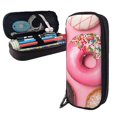 BONDIJ Ölgemälde Sonnenblume gedruckt Leder Bleistift Beutel, große Kapazität Stift Taschen niedlichen Bleistift Fall Kosmetik Organizer Tasche mit Reißverschluss, Rosa Donut, Einheitsgröße von BONDIJ