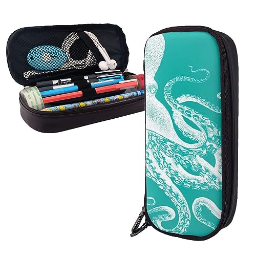 BONDIJ Ozean gedruckt Leder Bleistift Pouch, große Kapazität Stift Taschen niedlichen Bleistift Fall Kosmetik Organizer Tasche mit Reißverschluss, Grüner Krake, Einheitsgröße, Federmäppchen von BONDIJ