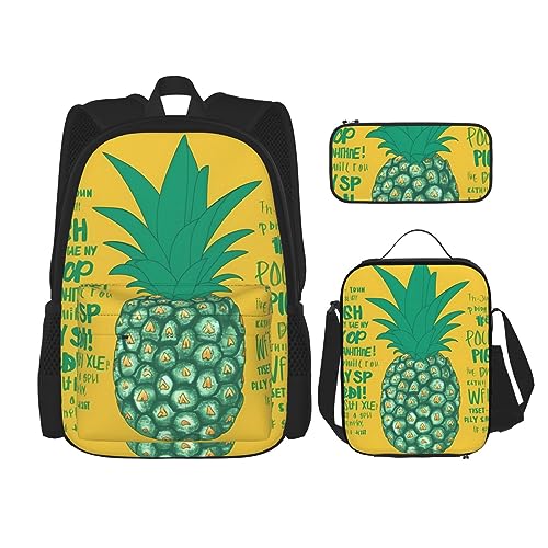 BONDIJ Psych Ananas-Zitat Rucksäcke für Schule mit Lunchbox, Federmäppchen, wasserabweisende Büchertasche für Jungen Mädchen Lehrer Geschenke, Psych Ananas Zitat, Einheitsgröße, Daypack Rucksäcke von BONDIJ