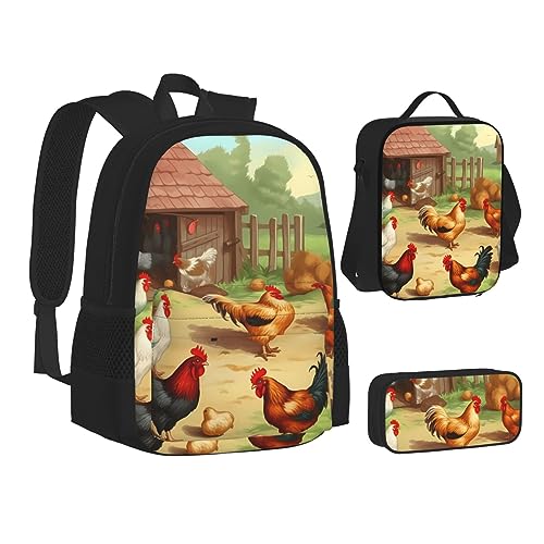 BONDIJ Roast Chicken Hen Farm Rucksäcke für Schule mit Lunchbox Federmäppchen Wasserabweisende Tasche für Jungen Mädchen Lehrer Geschenke, Brathuhn, Henne Bauernhof, Einheitsgröße von BONDIJ