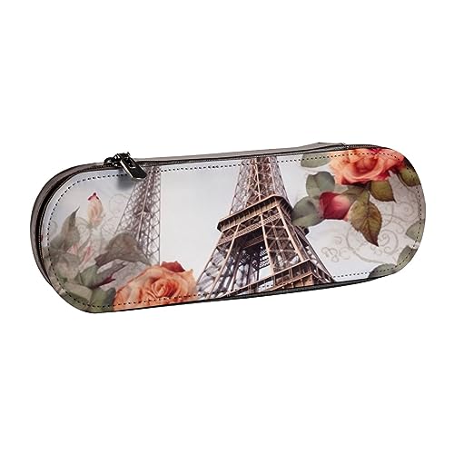 BONDIJ Rosa Blumen und Schmetterling gedruckt Leder Bleistift Pouch, Große Kapazität Stift Taschen Niedlich Bleistift Fall Kosmetik Organizer Tasche mit Reißverschluss, Flower Paris Eiffelturm, von BONDIJ