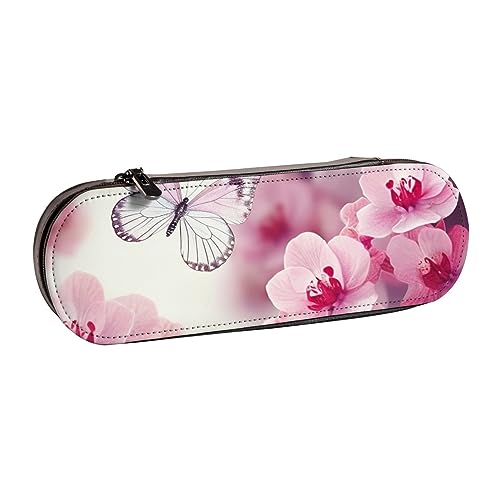 BONDIJ Rosa Blumen und Schmetterling gedruckt Leder Bleistift Pouch, Große Kapazität Stift Taschen Niedlich Bleistift Fall Kosmetik Organizer Tasche mit Reißverschluss, Rosa Blumen und Schmetterling, von BONDIJ