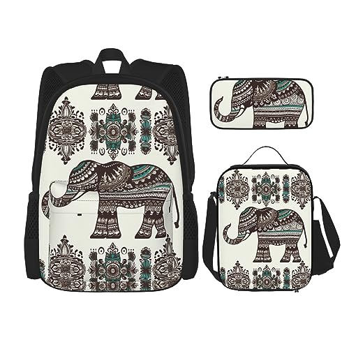 BONDIJ Rucksack mit Bootskarte für die Schule, mit Lunchbox, Federmäppchen, wasserabweisend, Büchertasche für Jungen, Mädchen, Lehrer, Geschenke, Bohemian-Elefantenmuster, Einheitsgröße, Daypack von BONDIJ