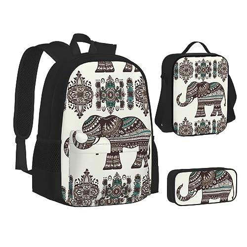 BONDIJ Rucksack mit Bootskarte für die Schule, mit Lunchbox, Federmäppchen, wasserabweisende Tasche für Jungen und Mädchen, Lehrergeschenke, Bohemian-Elefantenmuster, Einheitsgröße von BONDIJ