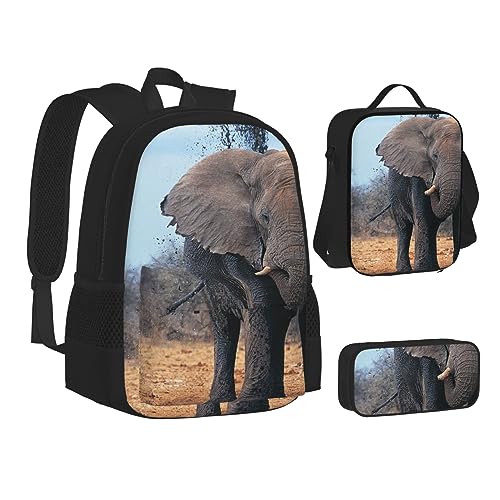 BONDIJ Rucksack mit Elefantenlandschaft für die Schule, mit Lunchbox, Federmäppchen, wasserabweisende Tasche für Jungen und Mädchen, Lehrergeschenke, Elefant Tier, Einheitsgröße von BONDIJ