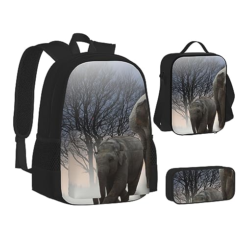 BONDIJ Rucksack mit Elefantenlandschaft für die Schule, mit Lunchbox, Federmäppchen, wasserabweisende Tasche für Jungen und Mädchen, Lehrergeschenke, Elefant im Nebel, Einheitsgröße von BONDIJ