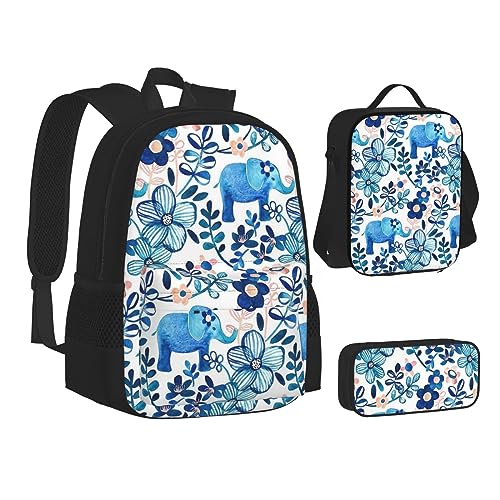 BONDIJ Rucksack mit Elefantenlandschaft für die Schule, mit Lunchbox, Federmäppchen, wasserabweisende Tasche für Jungen und Mädchen, Lehrergeschenke, Elefant und Blume, Einheitsgröße von BONDIJ