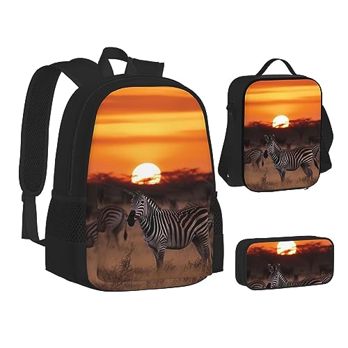 BONDIJ Rucksack mit afrikanischem Tier-Leoparden-Motiv, für die Schule, mit Lunchbox, Federmäppchen, wasserabweisende Tasche für Jungen, Mädchen, Lehrer, Geschenke, Africa Sunset Zebra, Einheitsgröße von BONDIJ