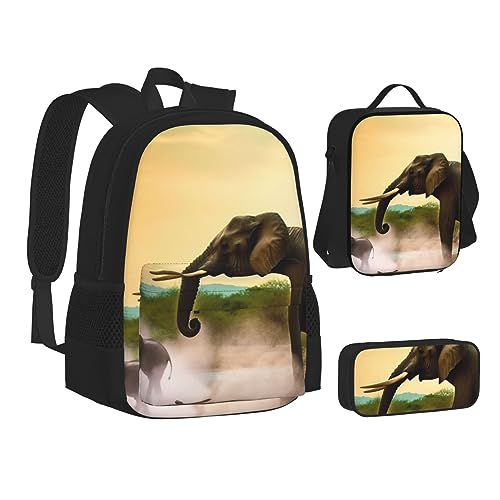 BONDIJ Rucksack mit afrikanischem Tier-Leoparden-Motiv, für die Schule, mit Lunchbox, Federmäppchen, wasserabweisende Tasche für Jungen, Mädchen, Lehrer, Geschenke, Afrikanischer Elefant, von BONDIJ