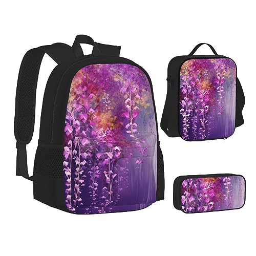 BONDIJ Rucksack mit afrikanischem Tier-Leoparden-Motiv, für die Schule, mit Lunchbox, Federmäppchen, wasserabweisende Tasche für Jungen, Mädchen, Lehrer, Geschenke, Lila weinende Blume, Einheitsgröße von BONDIJ