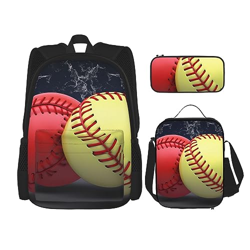 BONDIJ Softball-Rucksäcke für die Schule mit Lunchbox, Federmäppchen, wasserabweisend, Büchertasche für Jungen und Mädchen, Lehrergeschenke, Softball, Einheitsgröße, Daypack Rucksäcke von BONDIJ