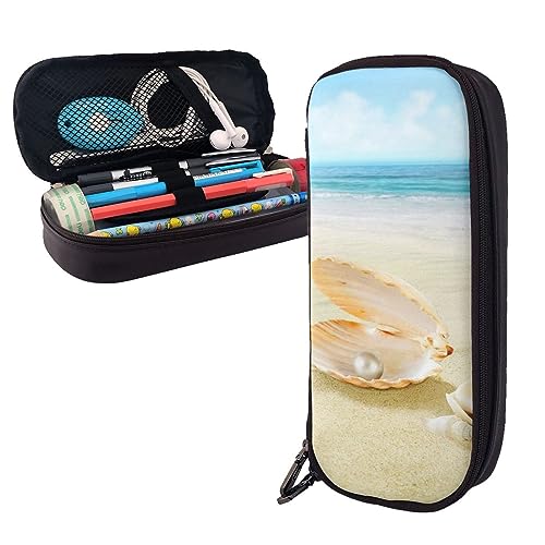 BONDIJ Sunset Painting gedruckt Leder Bleistift Beutel, große Kapazität Stift Taschen niedlichen Bleistift Fall Kosmetik Organizer Tasche mit Reißverschluss, Seesternmuschel und Strand, Einheitsgröße von BONDIJ