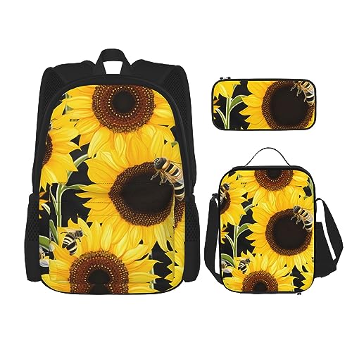 BONDIJ Terrazzo Marmor Pastell Rucksäcke für Schule mit Brotdose Federmappe, Wasserabweisende Büchertasche für Jungen Mädchen Lehrer Geschenke, Sonnenblumenbienen, Einheitsgröße, Daypack Rucksäcke von BONDIJ