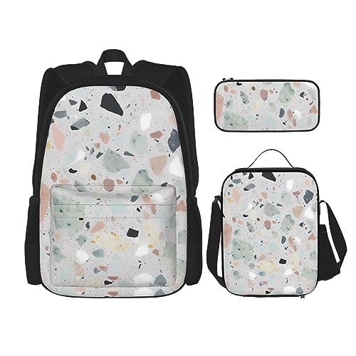 BONDIJ Terrazzo Marmor Pastell Rucksäcke für Schule mit Brotdose Federmappe, Wasserabweisende Büchertasche für Jungen Mädchen Lehrer Geschenke, Terrazzo Marmor Pastell, Einheitsgröße, Daypack von BONDIJ