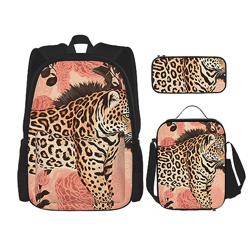 BONDIJ Terrazzo Marmor Pastell Rucksäcke für Schule mit Brotdose Federmappe, Wasserabweisende Büchertasche für Jungen Mädchen Lehrer Geschenke, gestreiftes Leopard, Einheitsgröße, Daypack Rucksäcke von BONDIJ