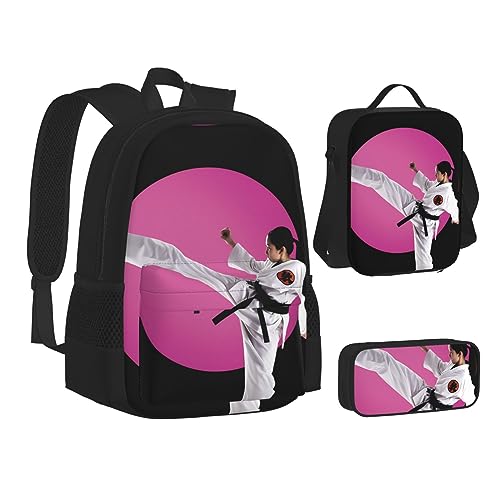 BONDIJ Terrazzo Marmor Pastell Rucksäcke für Schule mit Brotdose Federmappe, wasserabweisende Tasche für Jungen Mädchen Lehrer Geschenke, Taekwondo-Design., Einheitsgröße von BONDIJ