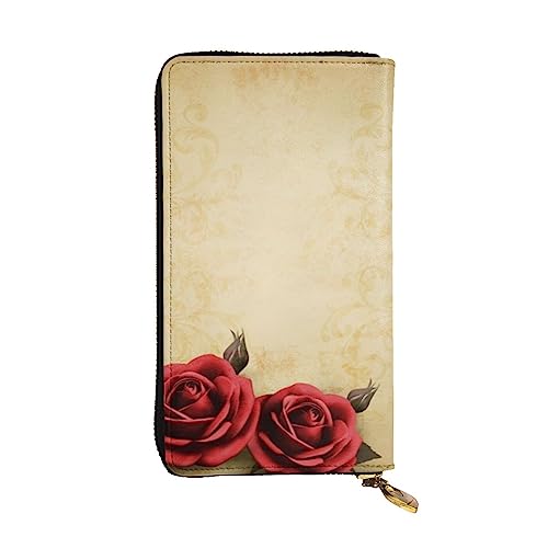 BONDIJ Vintage Rose Damen Geldbörsen PU Leder Lange Reißverschluss Kartenetui Mehrere Kartenfächer Clutch, Schwarz , Einheitsgröße von BONDIJ