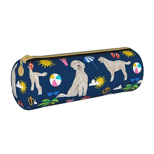 BONDIJ Wald Landschaft Gedruckt Frauen Leder Bleistift Beutel, Große Kapazität Bleistift Fall Stift Tasche Mit Reißverschluss Für Büro, Golden Retriever Beach Summer Dog, Einheitsgröße von BONDIJ