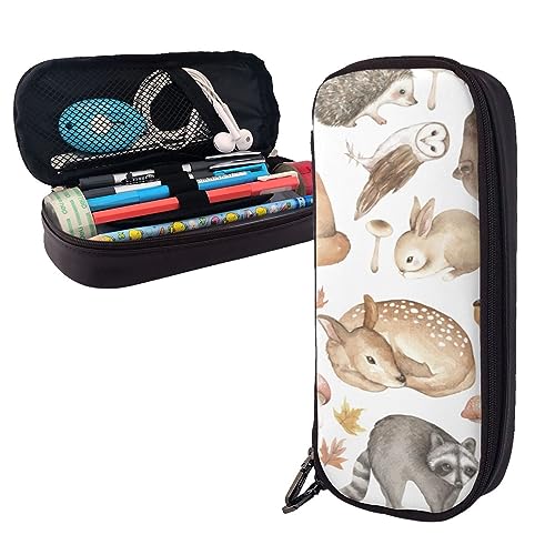 BONDIJ Wald Waschbär Tiere gedruckt Leder Bleistift Pouch, große Kapazität Stifttaschen niedlich Bleistift Fall Kosmetik Organizer Tasche mit Reißverschluss von BONDIJ