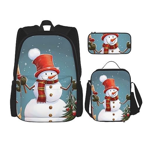 BONDIJ Weihnachts-Schneemann-Rucksäcke für die Schule mit Lunchbox, Federmäppchen, wasserabweisend, Büchertasche für Jungen und Mädchen, Lehrergeschenke, Weihnachts-Schneemann, Einheitsgröße, Daypack von BONDIJ