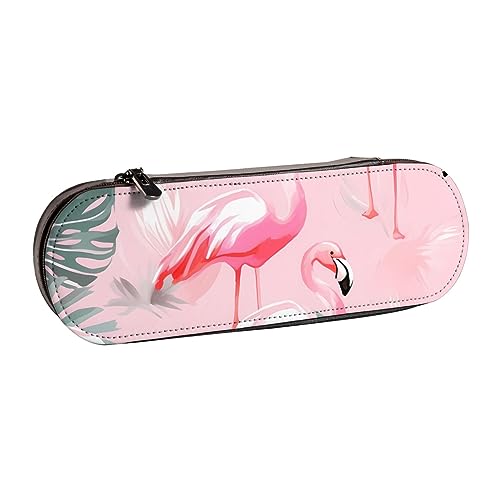 BONDIJ Weiße lila Schmetterlinge gedruckt Leder Bleistift Pouch, Große Kapazität Stift Taschen Niedlich Bleistift Fall Kosmetik Organizer Tasche mit Reißverschluss, Sommer Flamingo Palmblätter, von BONDIJ