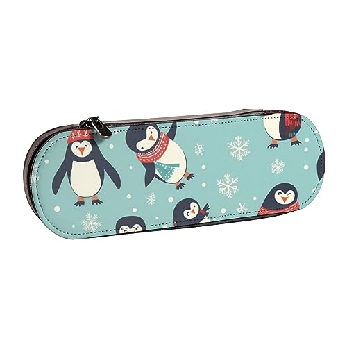 BONDIJ Weiße lila Schmetterlinge gedruckt Leder Bleistift Pouch, Große Kapazität Stift Taschen Niedlich Bleistift Fall Kosmetik Organizer Tasche mit Reißverschluss, Winter-Weihnachts-Pinguine, von BONDIJ