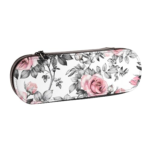 BONDIJ Winter Sunset Bedruckte Leder Bleistift Tasche, Große Kapazität Stift Taschen Niedlich Bleistift Fall Kosmetik Organizer Tasche mit Reißverschluss, Weiße Aquarell Floral Rose, Einheitsgröße, von BONDIJ