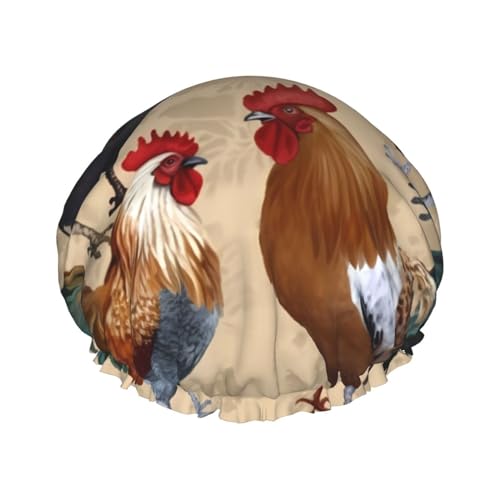 Bedruckte Duschhaube mit Hahn und Huhn, für Damen, wasserdicht, wiederverwendbar, doppellagig, Duschhut, Bade-Duschkappen für Herren, Damen, Spa, Salon von BONDIJ