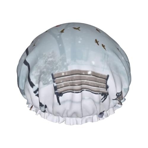 Birds in the park on a snowy day Printed Shower Cap for Women Waterproof Bath Caps Reusable Double Layered Shower Hat Bathing Shower Caps for Men Ladies Spa Salon von BONDIJ