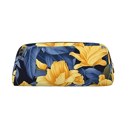 Blaue Basis Gelb Floral Gedruckt Leder Federmäppchen Tragbare Reise Make-up Tasche Große Kapazität Kulturbeutel Reißverschluss Aufbewahrungstasche für Frauen Mädchen, gold, Einheitsgröße, von BONDIJ