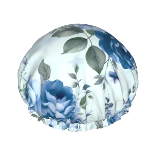 Blaue Blume Blumenmuster Rosen bedruckte Duschhaube für Frauen wasserdichte Badekappen wiederverwendbar doppellagig Duschhut Baden Duschkappen für Männer Damen Spa Salon von BONDIJ