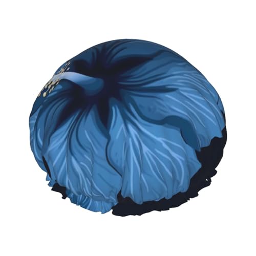 Blaue Hibiskus-bedruckte Duschhaube für Frauen, wasserdichte Badekappen, wiederverwendbar, doppellagig, Duschhut, Bade-Duschkappen für Männer, Damen, Spa, Salon von BONDIJ