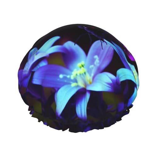 Blaue lila Blume Schmetterling bedruckte Duschhaube für Frauen wasserdichte Badekappen wiederverwendbar doppellagig Duschhut Baden Duschkappen für Männer Damen Spa Salon von BONDIJ