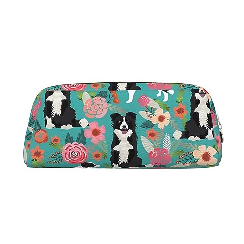 Border Collie Blumen Bedrucktes Leder Federmäppchen Tragbare Reise Make-up Tasche Große Kapazität Kulturbeutel Reißverschluss Aufbewahrungstasche für Frauen Mädchen, gold, Einheitsgröße, von BONDIJ